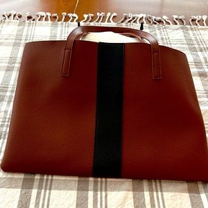 Vince Camuto brown tote with thick black stripe.